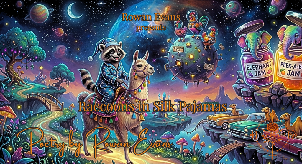 A raccoon wearing silk pajamas rides a llama beneath a colorful cosmic sky filled with surreal creatures and absurd imagery.