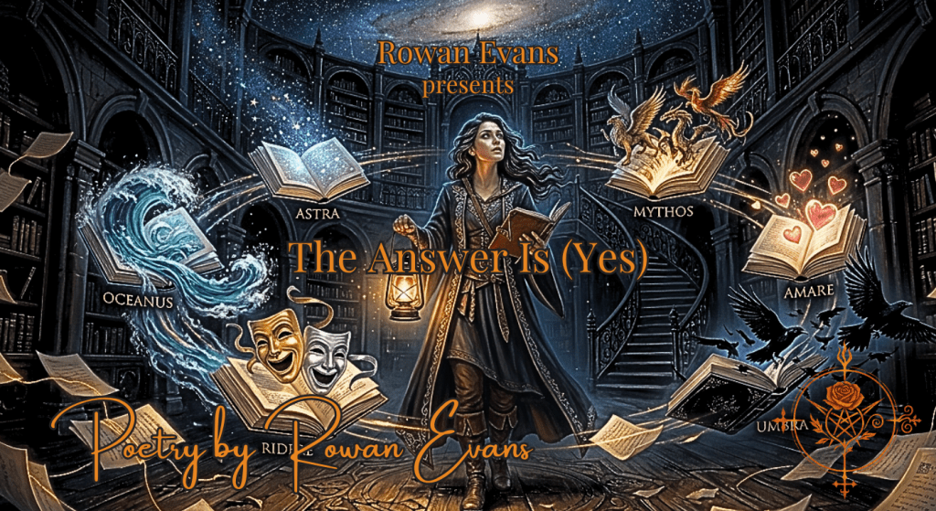 A poet stands in a cosmic library surrounded by floating books, stars, mythological symbols, hearts, and pages representing many forms of creativity and storytelling.
