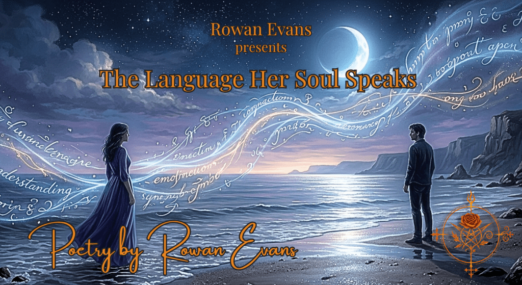 Two figures stand beneath a moonlit sky as glowing strands of language and light flow between them, symbolizing understanding, communication, and emotional connection.