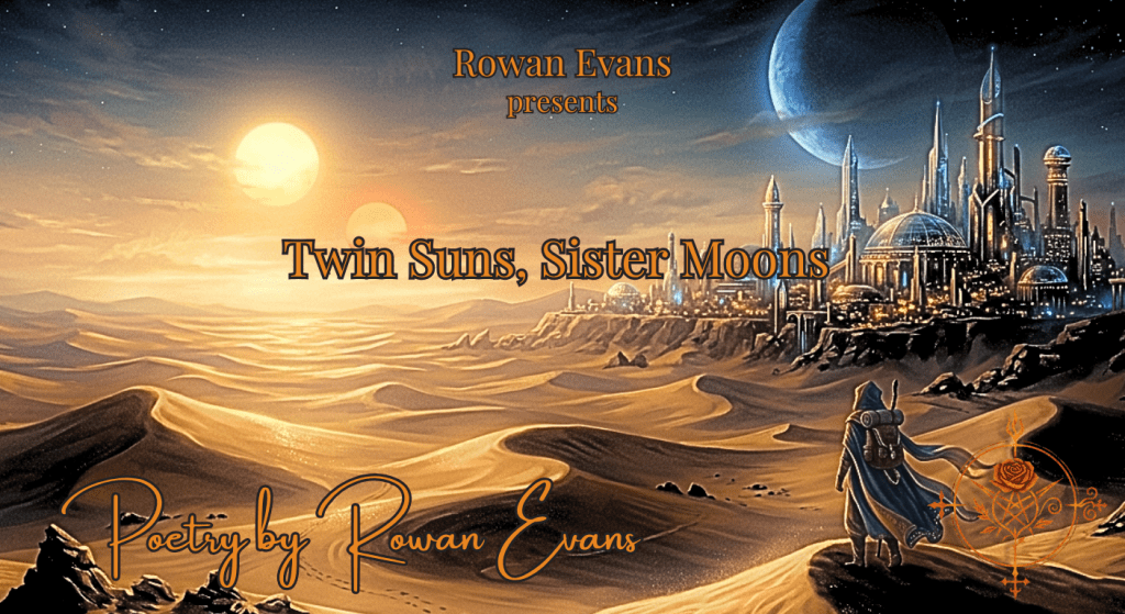 A desert landscape beneath twin suns with a distant city glowing under a rising moon.