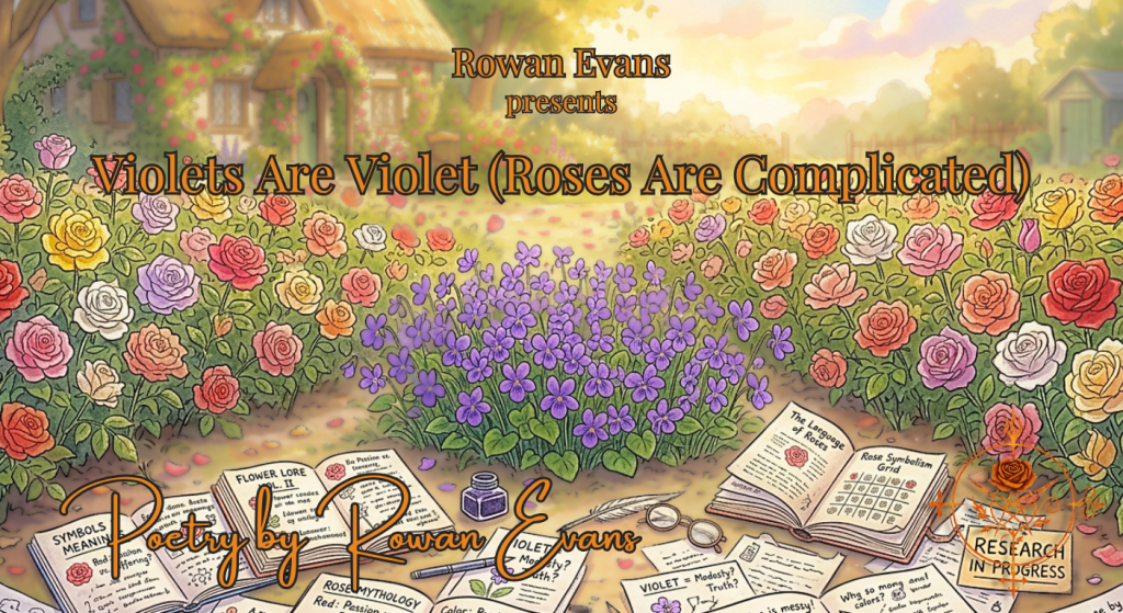 Multicolored roses and violet flowers surrounding scattered handwritten notes about flower symbolism and romance.