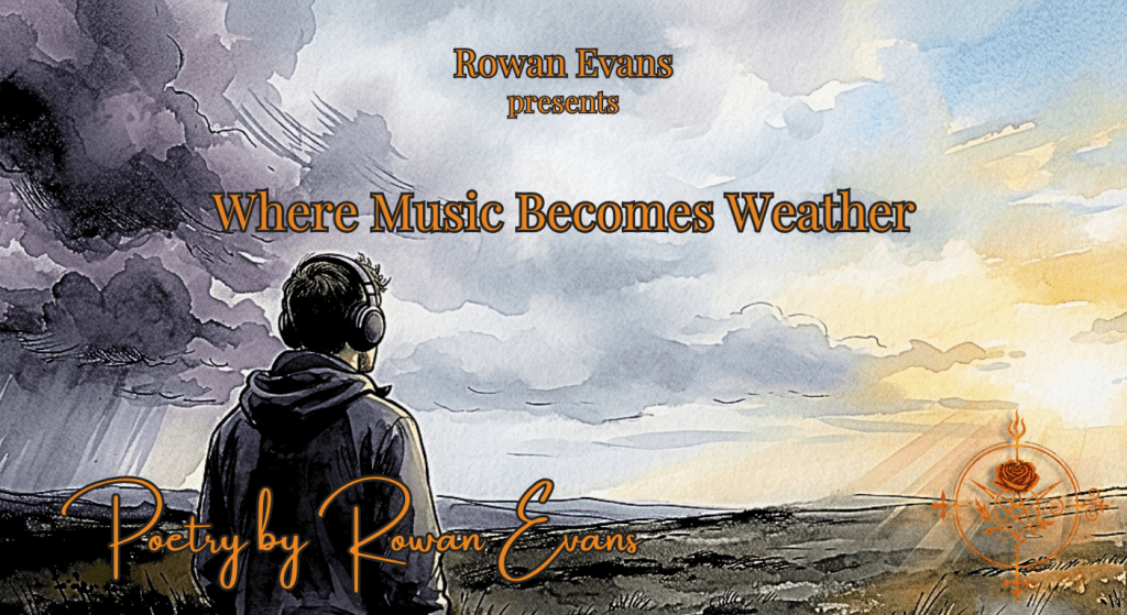 A person wearing headphones stands beneath a sky shifting from storm clouds to warm sunlight, symbolizing how music changes emotions and memories.