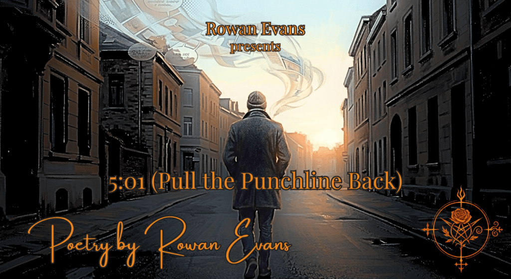 A lone person walking through an empty street at sunrise while faded comic book imagery dissolves into the morning light, symbolizing humor giving way to emotional honesty.