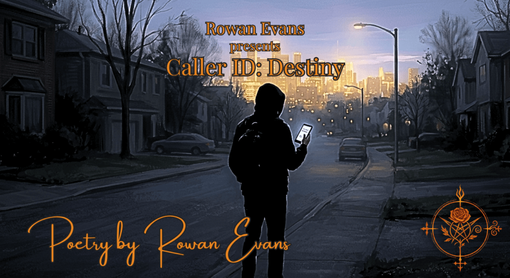 A person standing alone on a quiet street at dawn holding a glowing phone that reads "Caller ID: Destiny," while a luminous dreamlike city shines in the distance.