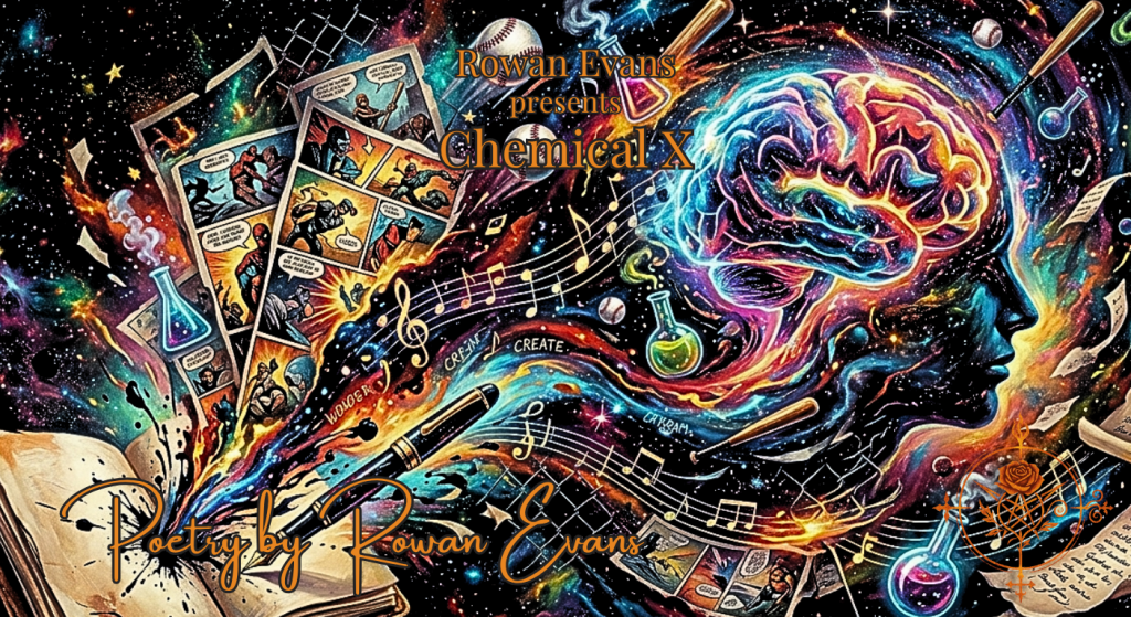 A notebook and pen burst into colorful images of comics, sports, music, stars, and cartoons, symbolizing an imaginative mind making rapid connections.