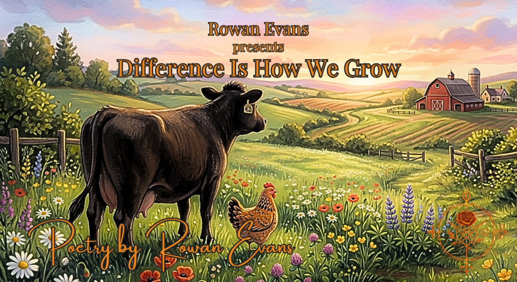 A chicken and a cow standing together in a sunlit pasture outside a red barn, symbolizing the beauty and strength found in differences.