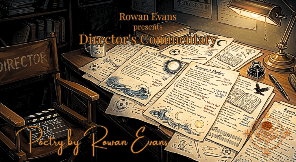 A writer's desk covered with poetry pages, recurring symbols like moons and oceans, and film director notes critiquing the creative process.