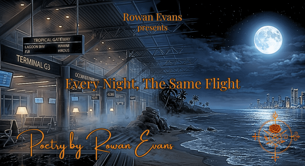A dreamlike airport terminal blending into a moonlit tropical shoreline with a distant coastal city across shimmering water.