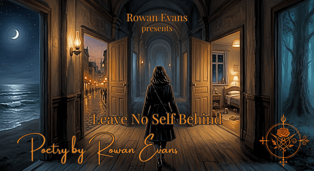 A solitary figure walking through a dreamlike hallway where each open doorway reveals a different landscape representing memories and past versions of the self.