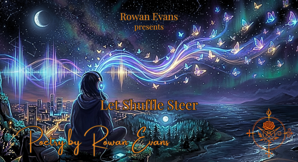 A person wearing headphones sits beneath a night sky as glowing soundwaves wrap around them like a chrysalis, transforming into butterflies while surreal landscapes fade into one another.