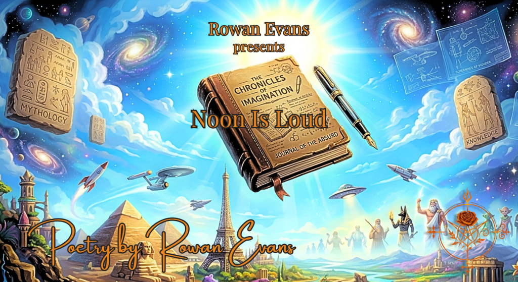 A surreal midday scene featuring floating notebooks, ancient monuments, spaceships, and mythic imagery under a bright sun, sy1mbolizing imagination and exaggerated storytelling.