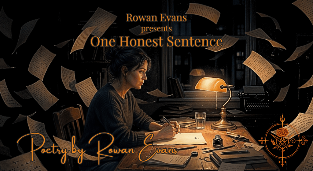 A solitary writer sits before a blank page while countless handwritten pages float around them, symbolizing the struggle between creativity and emotional honesty.