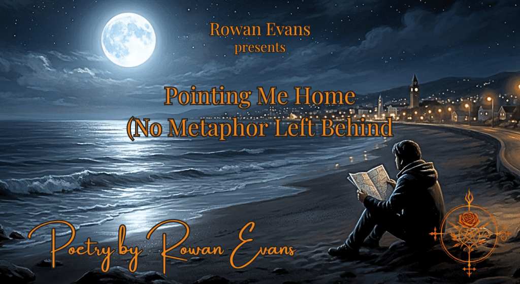 A lone figure sits beneath a full moon where an ocean shoreline transitions into quiet city streets, holding a folded map while reflecting on hope, dreams, and the journey toward home.