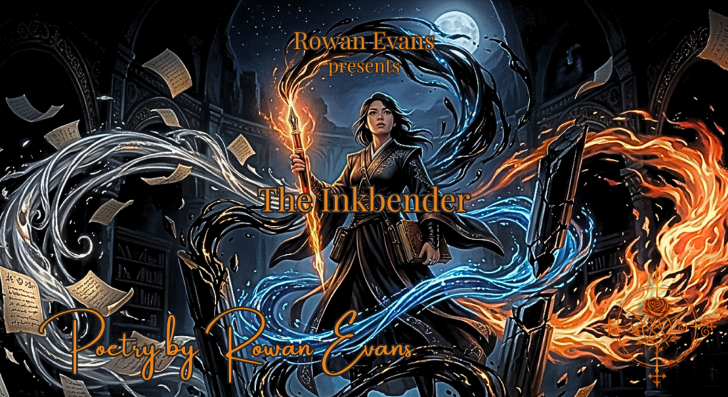 A fantasy-inspired illustration of a poet surrounded by magical ink transforming into earth, fire, water, and air.