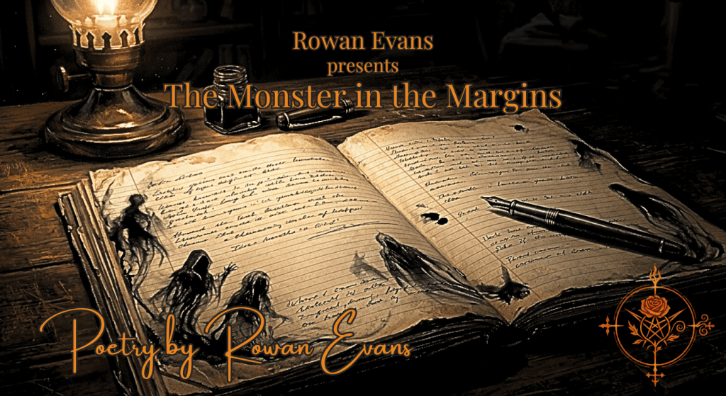 An open notebook with dark ink spreading through the margins like ghostly shadows beneath a dim desk lamp.