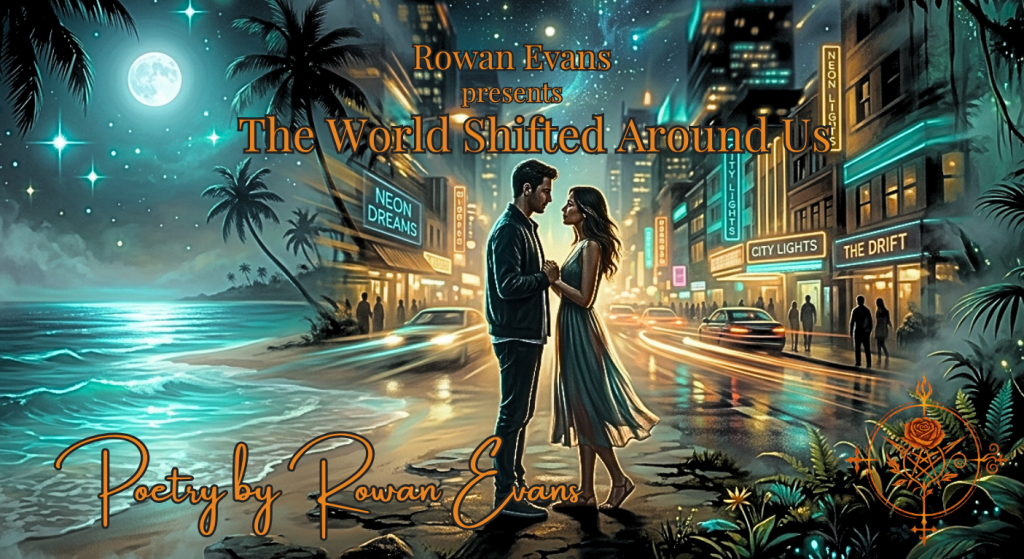 Two people stand facing one another as the landscape shifts from a moonlit beach to city streets and then into a lush jungle while they remain perfectly still.
