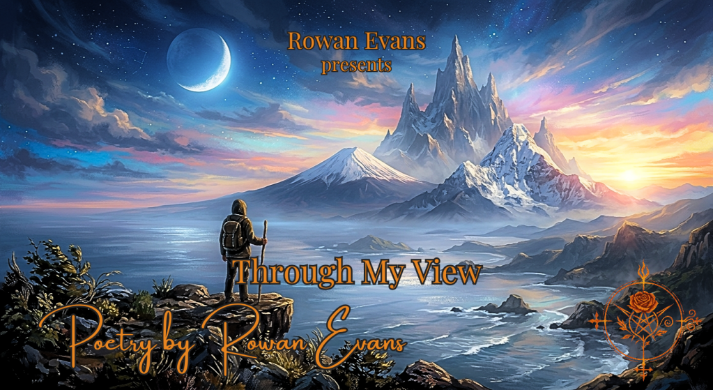 A surreal sunrise over towering mountains, a vast ocean, and a fading moon, symbolizing a unique personal perspective on the world.