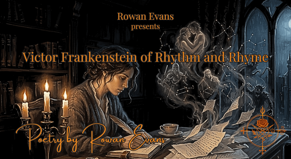 A poet writing by candlelight as handwritten pages transform into stitched-together figures made from words, symbolizing creativity, identity, and the act of creating poetry.