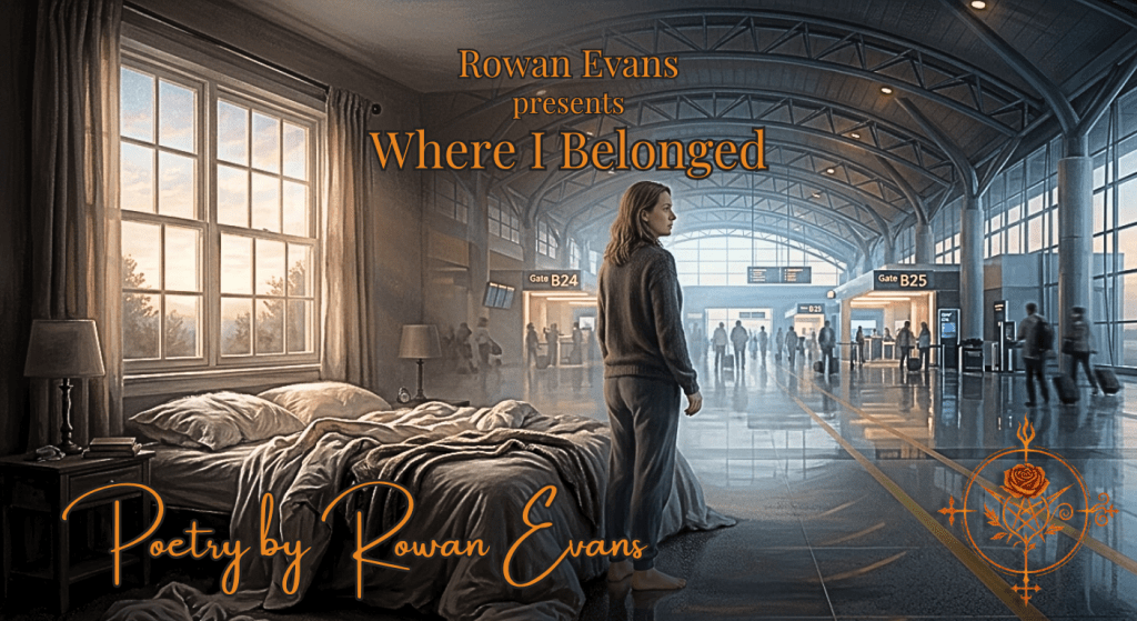 A lone figure stands between a quiet bedroom and a dreamlike airport terminal as the two realities blend together.
