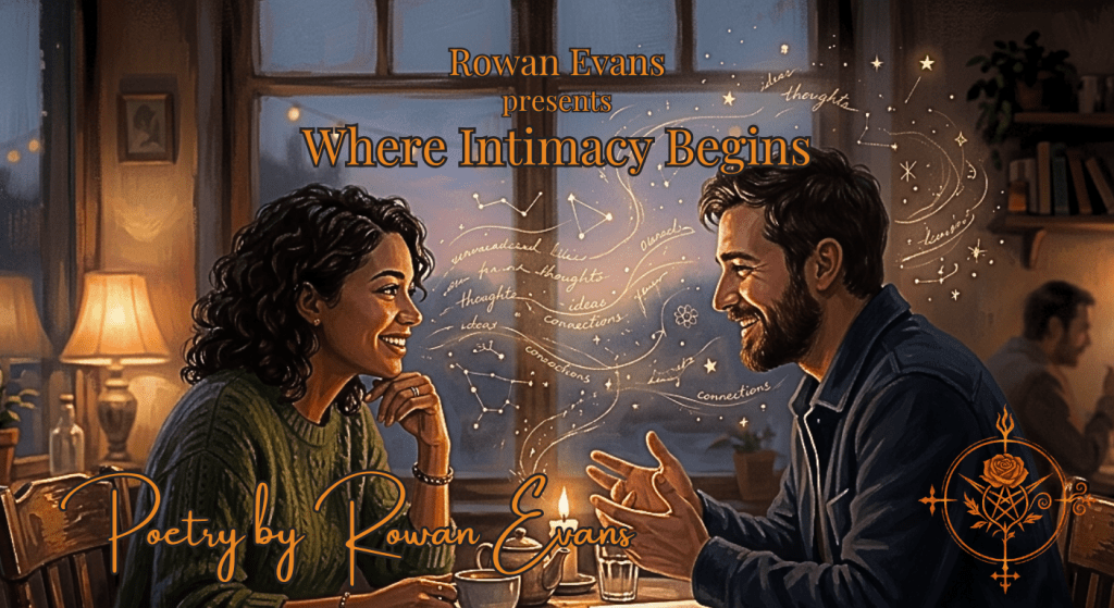 Two people sharing a thoughtful conversation as glowing words and constellations symbolize a deep mental connection.