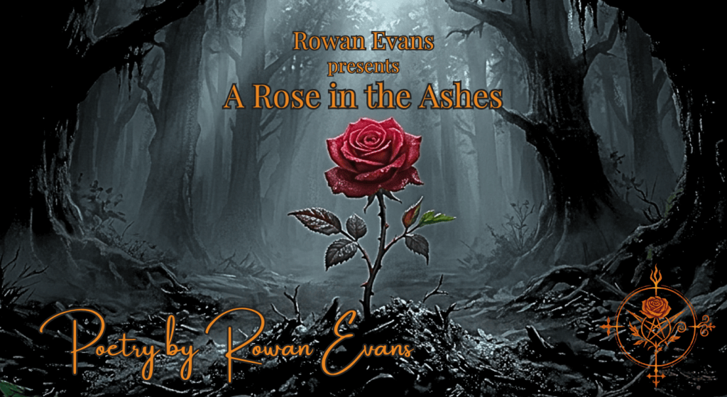 A single red rose grows through gray ashes beneath a misty forest illuminated by moonlight, symbolizing hope emerging from painful memories.