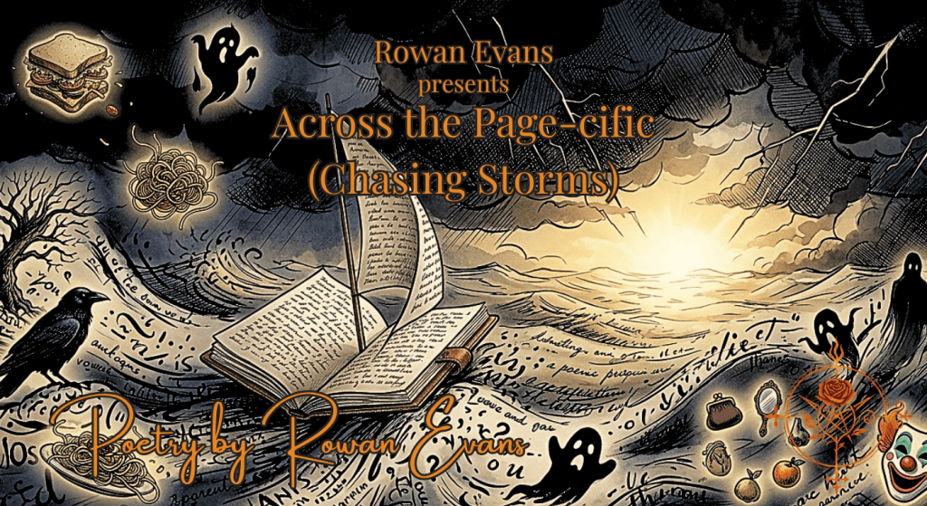 A paper ship made from an open notebook sails across an ocean of handwritten poetry toward a storm and glowing light.