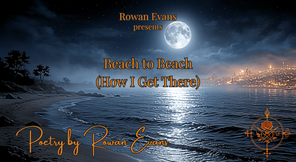 A moonlit beach leading across the ocean toward an unfamiliar city coastline, symbolizing dream travel and longing.