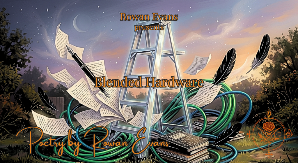 A surreal step-ladder surrounded by garden hoses, handwritten pages, ink, feathers, and whimsical literary objects.