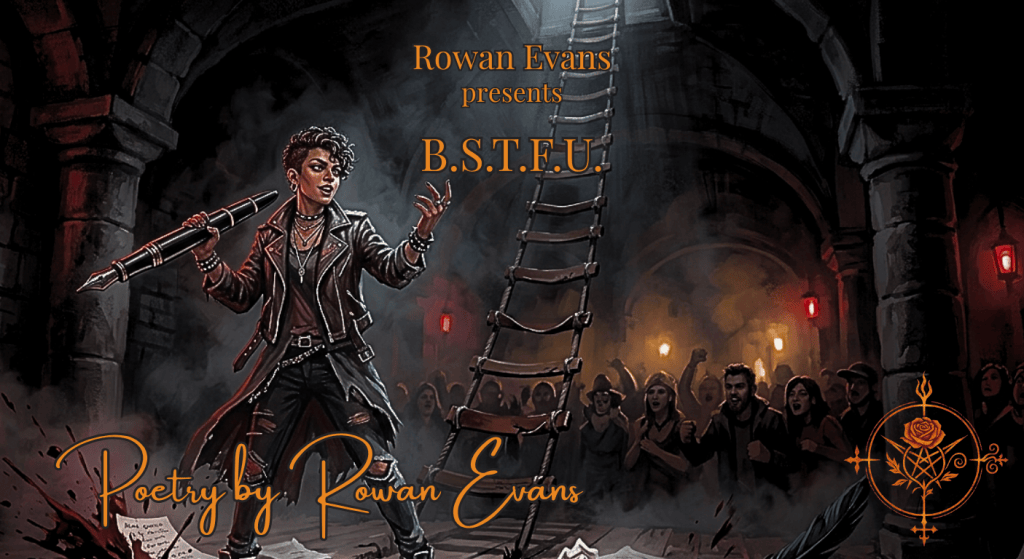 A confident poet stands in a dark battle-poetry arena holding a fountain pen beside a towering ladder symbolizing literary skill.