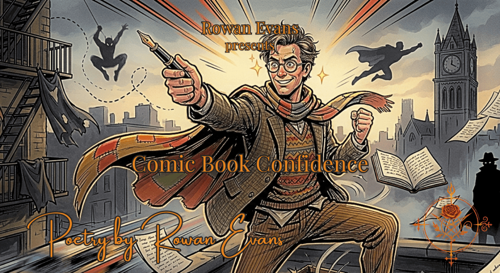 A confident poet poses like a superhero while comic-inspired energy, flying pages, and signs of failed superhero attempts surround them.