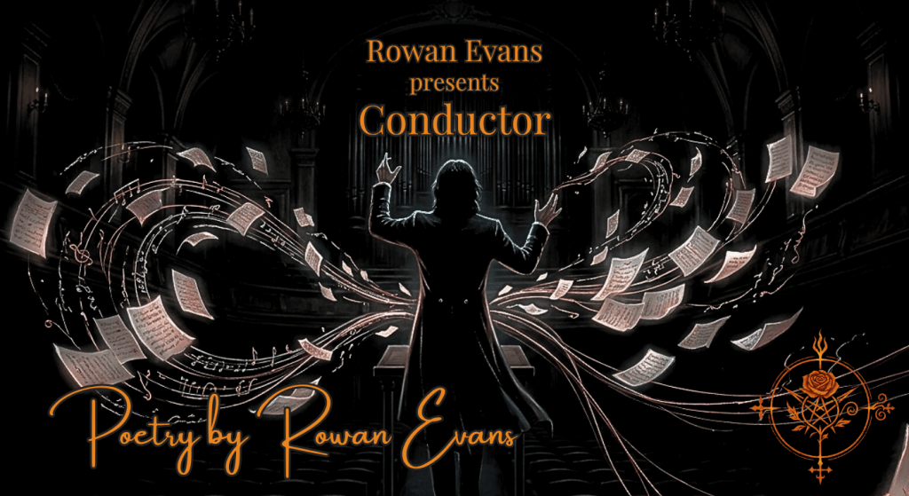 A mysterious conductor directs floating pages and strands of ink through a dark, empty concert hall.