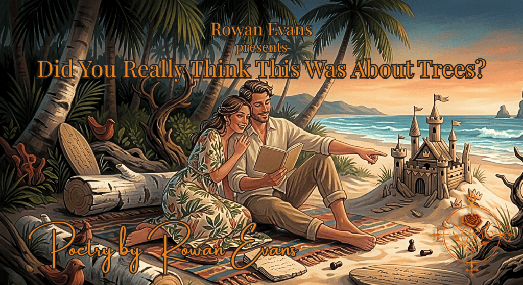A romantic couple beneath palm trees on a summer beach with a whimsical wooden castle nearby.