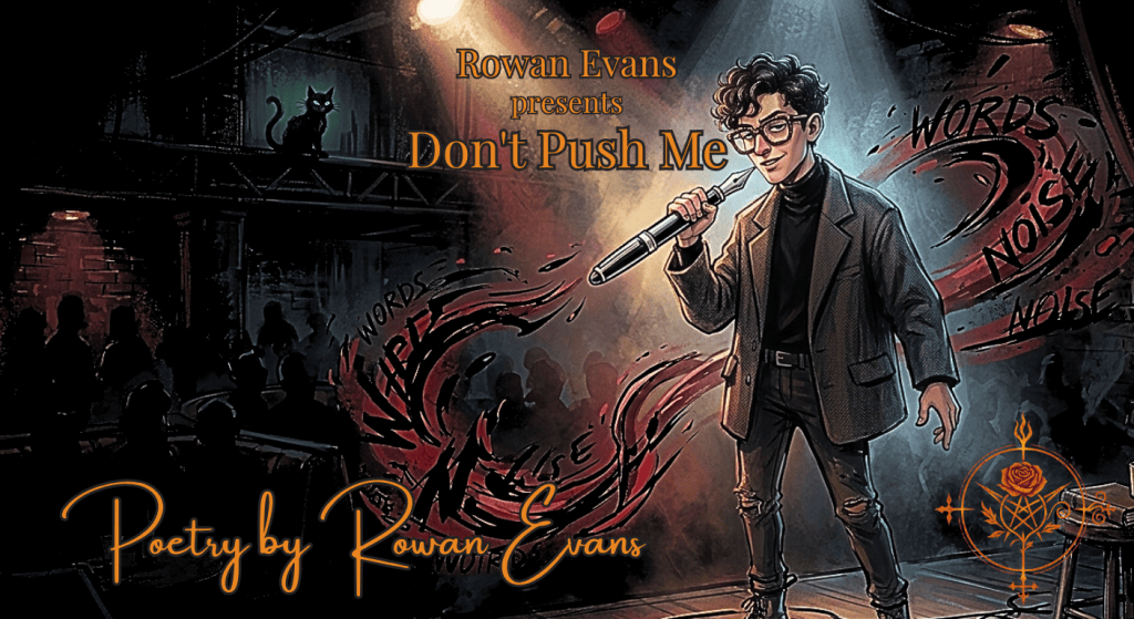 A confident poet wearing glasses stands on a dark stage with swirling ink and a mischievous cat silhouette behind them.