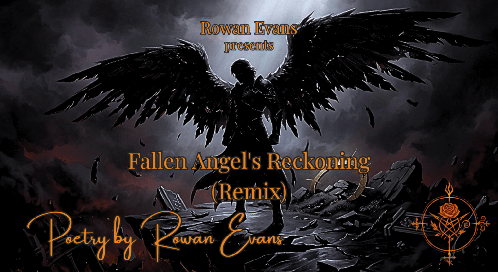 A fallen angel with broken wings stands among the ruins of a shattered heavenly realm beneath dark clouds and a distant light.