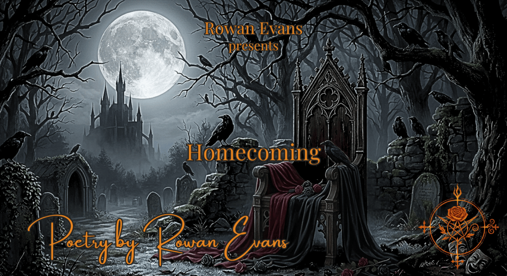 A Gothic throne beneath a full moon surrounded by ravens, dark trees, mist, and subtle crimson accents.