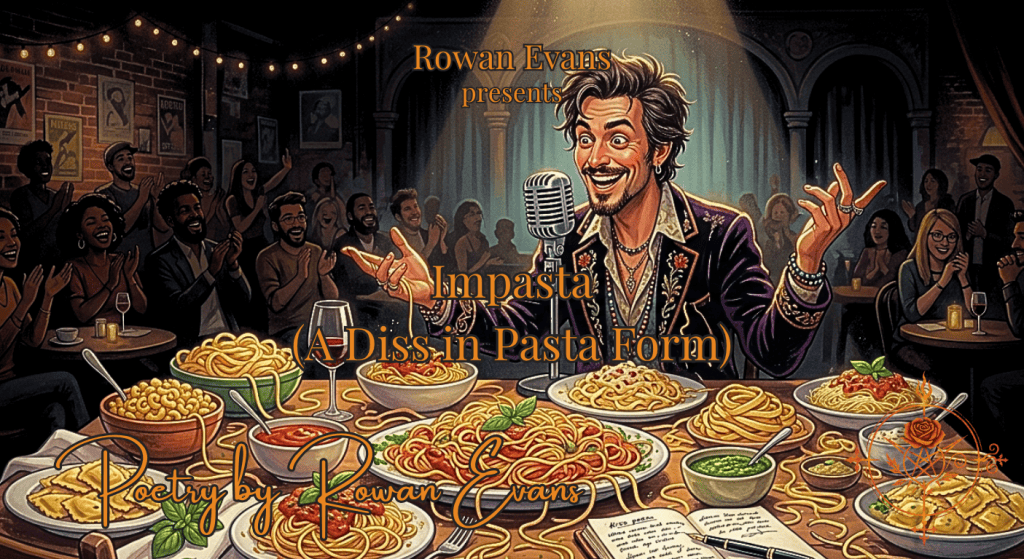 A fictional poet confidently writing a diss poem beside plates of spaghetti, fettuccine, macaroni, ravioli, and angel hair pasta.