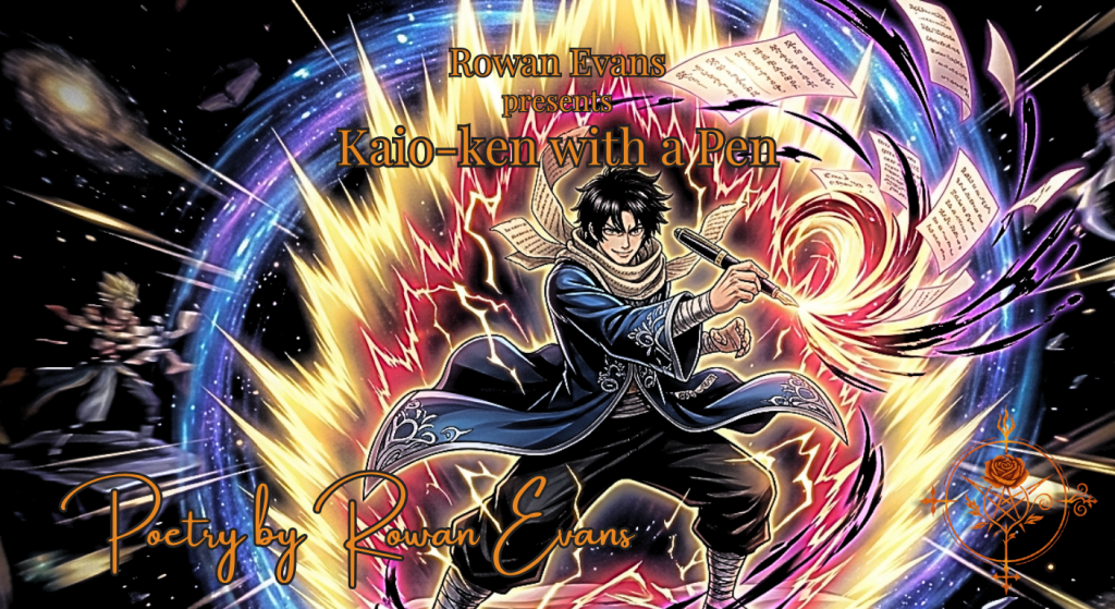 A poet holding a pen stands surrounded by explosive golden and crimson energy, symbolizing creative power, battle, and becoming stronger after adversity.