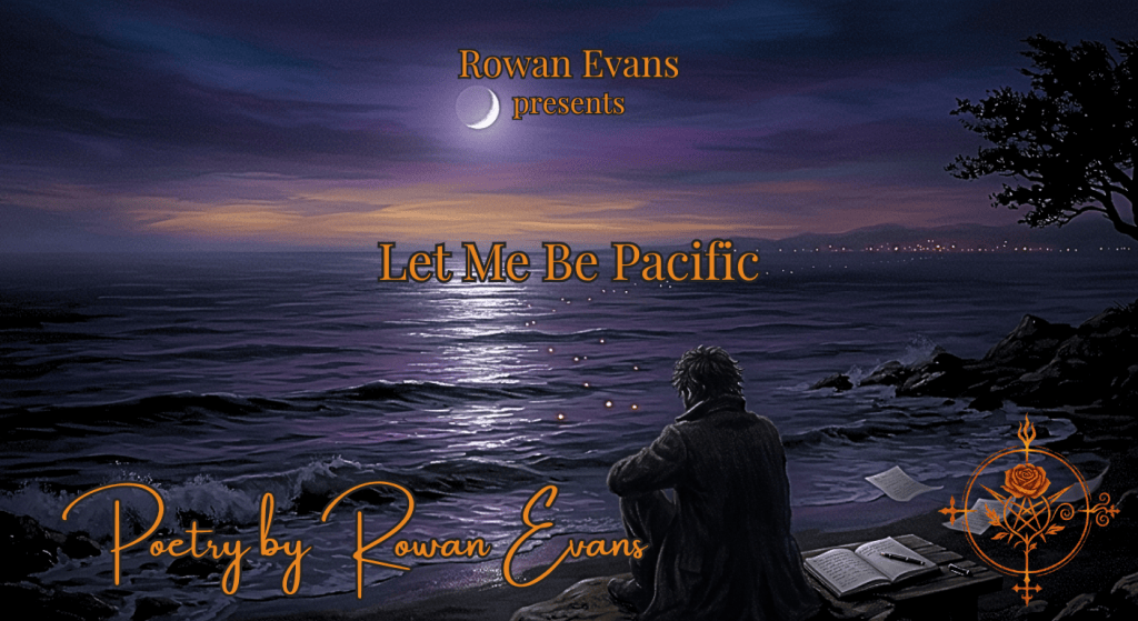 A solitary poet sits beside the Pacific at twilight beneath a silver moon, watching its reflection shimmer across the waves.