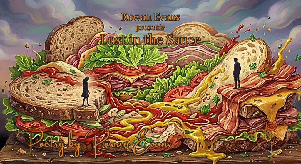A surreal sandwich with layers of bread, meat, lettuce, tomato, ketchup, and mustard separating two figures.