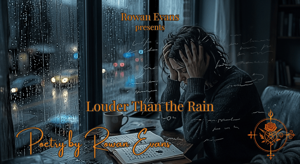 A solitary figure sits beside a rain-covered window with their hands in their hair and an open notebook nearby.