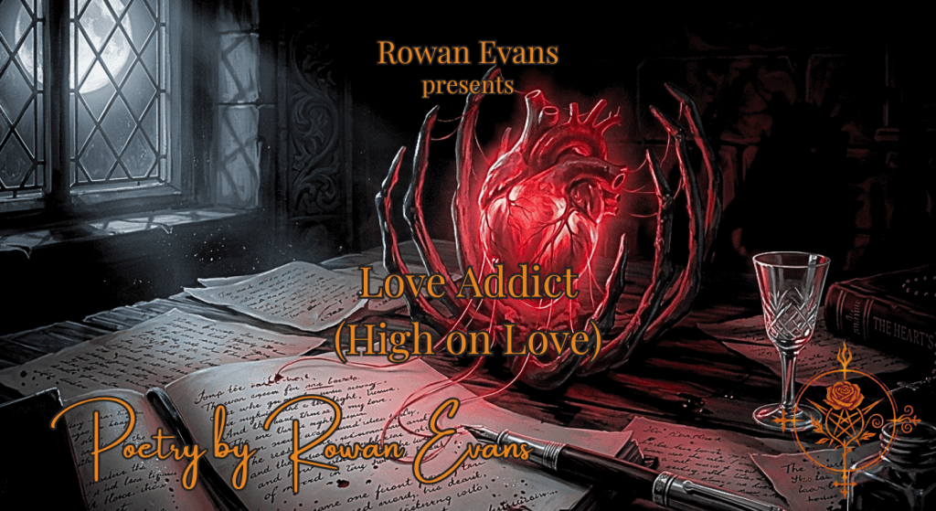 A glowing crimson heart surrounded by dark shadows, with crimson ink flowing from it into a fountain pen and poetry pages.
