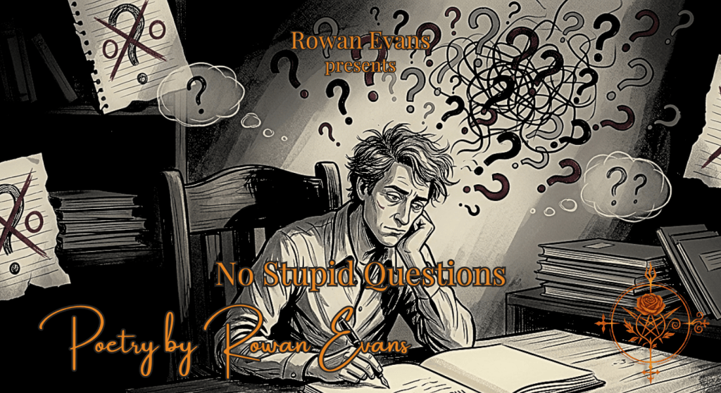 A writer at a desk surrounded by chaotic question marks while a clear answer sits untouched in an open notebook.