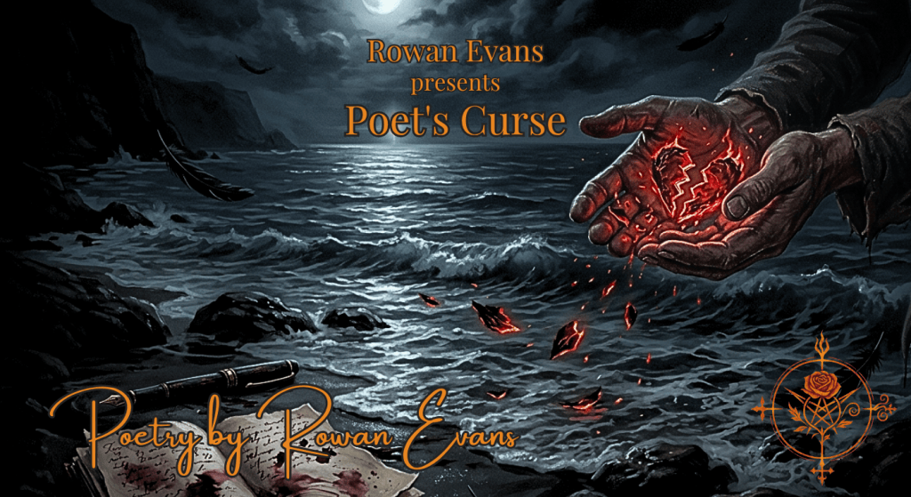 A fountain pen and open notebook beside dark ocean waves while glowing fragments of a crimson heart drift away.