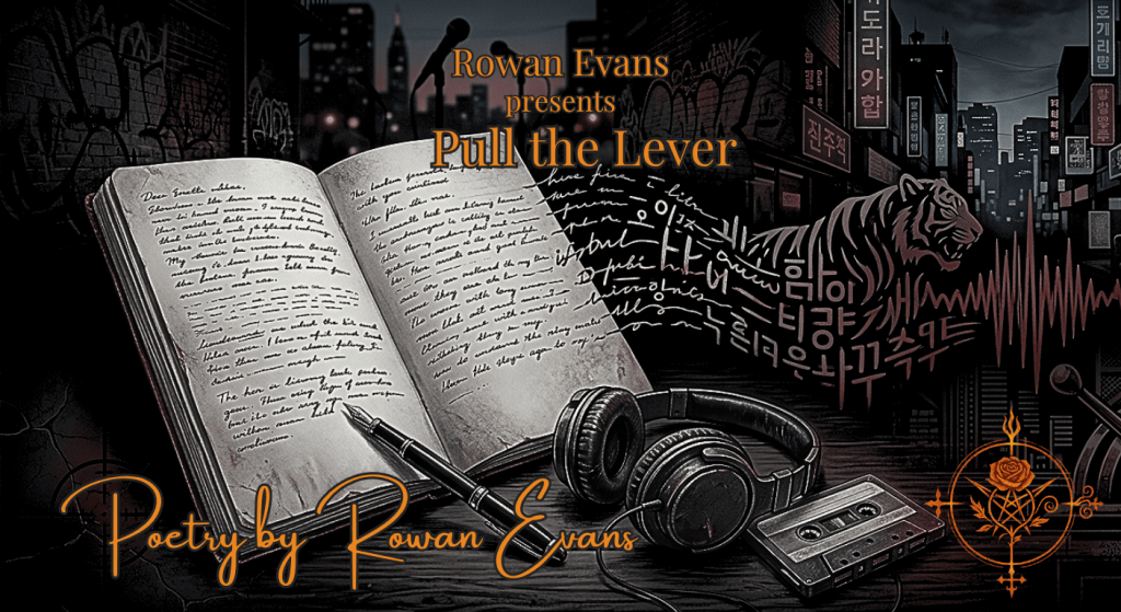 A notebook and pen surrounded by Hip-Hop imagery, transitioning from an American cityscape into a Korean night skyline, with subtle tiger and rhythmic sound motifs.