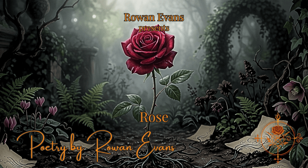 A crimson rose grows from dark soil intertwined with black ink in a gothic garden.