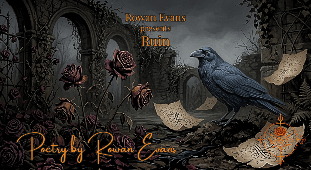 Wilted roses decay in a dark gothic garden with black ink spreading through the soil.