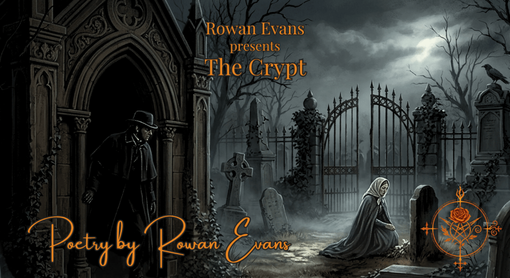 A mysterious man watches a woman kneeling beside a grave from the doorway of a dark Gothic crypt.