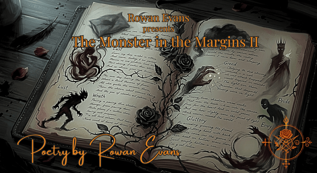 An open notebook surrounded by dark roses, raven feathers, and seven shadowy manifestations symbolizing the Seven Deadly Sins.