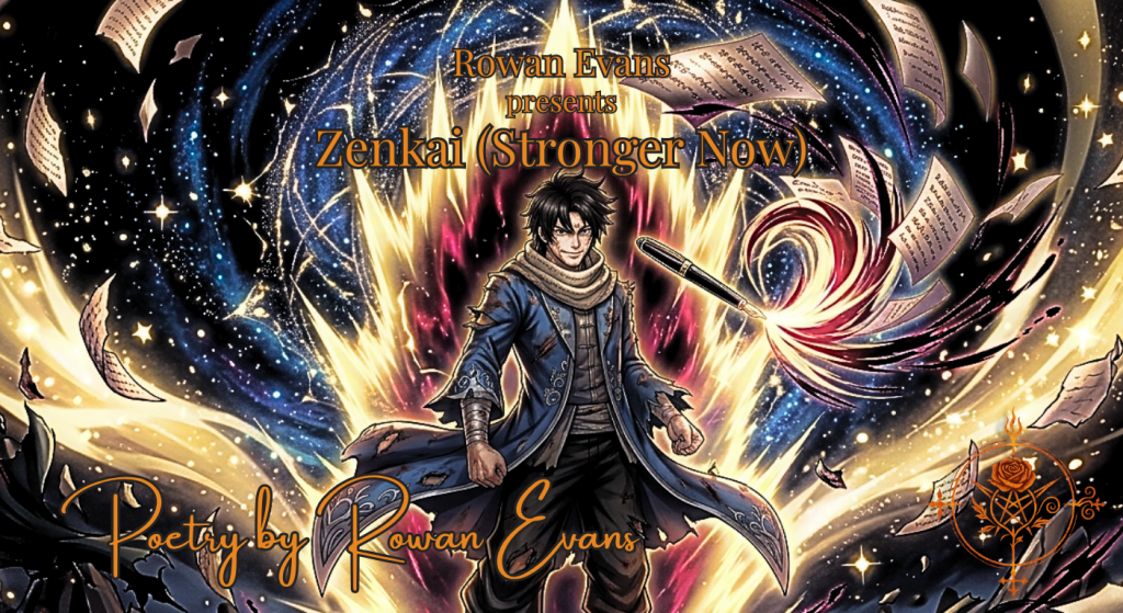 A poet holding a pen stands surrounded by explosive golden and crimson energy, symbolizing creative power, battle, and becoming stronger after adversity.