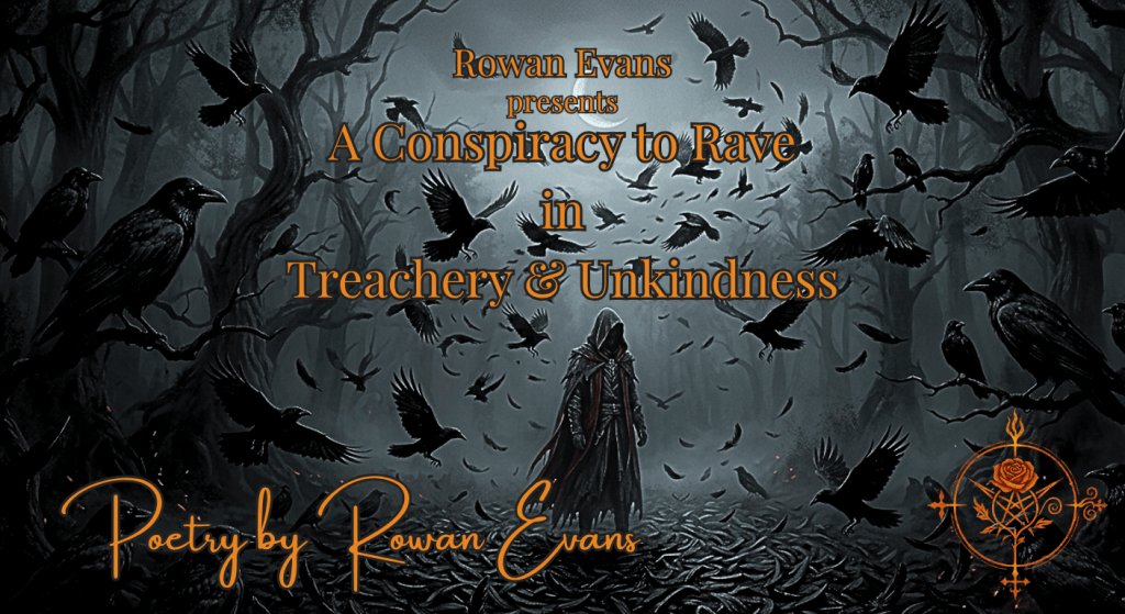 A solitary figure stands surrounded by crows and ravens as black feathers cover the ground in a dark forest clearing.